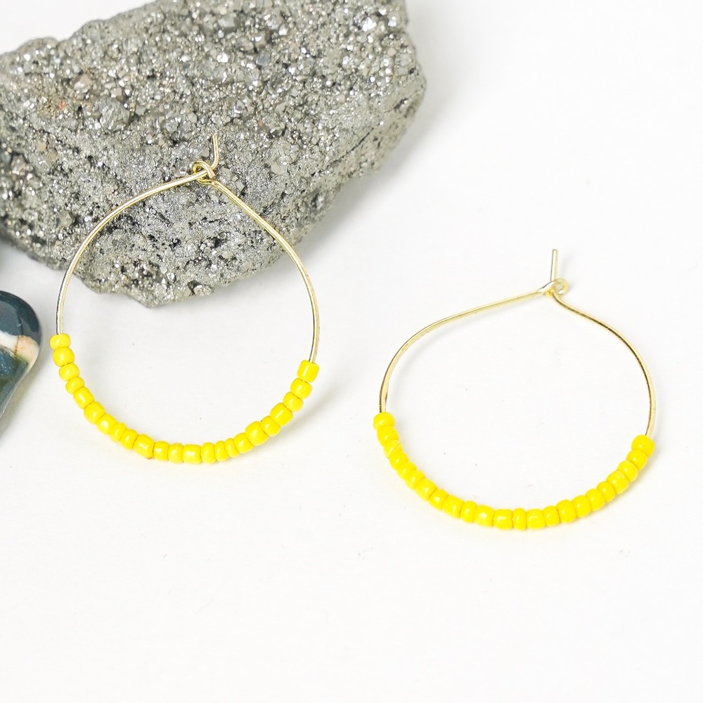 Seed Bead Hoop Earrings Handmade Yellow Brass Gold